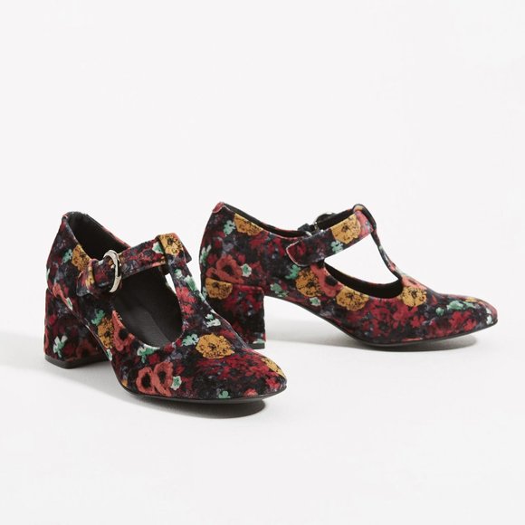 Sam Velvet T-Strap Block Heels | Anthropologie Anthropologie Sam Velvet T-Strap Block Heels